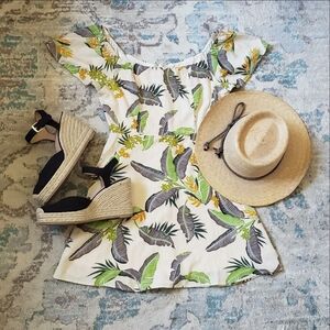 URBAN OUTFITTERS Small Cream Green Yellow Floral and Leaf Dress